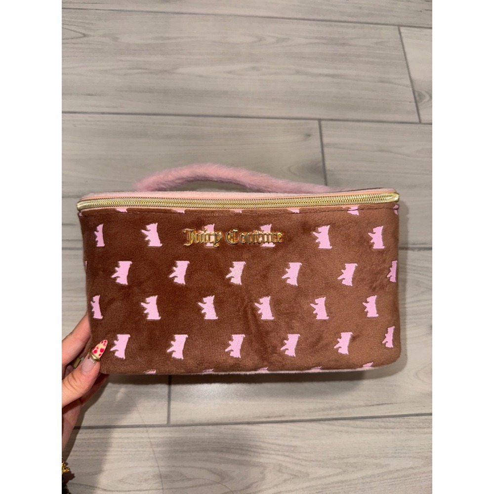 Juicy Couture Brown Pink Crown Velour Makeup Bag Faux Fur Handle NWT